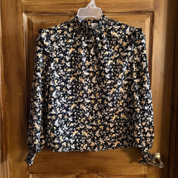 Vigoss Tops - Vigoss Black Floral Smocked Neck Blouse with Cream Accents